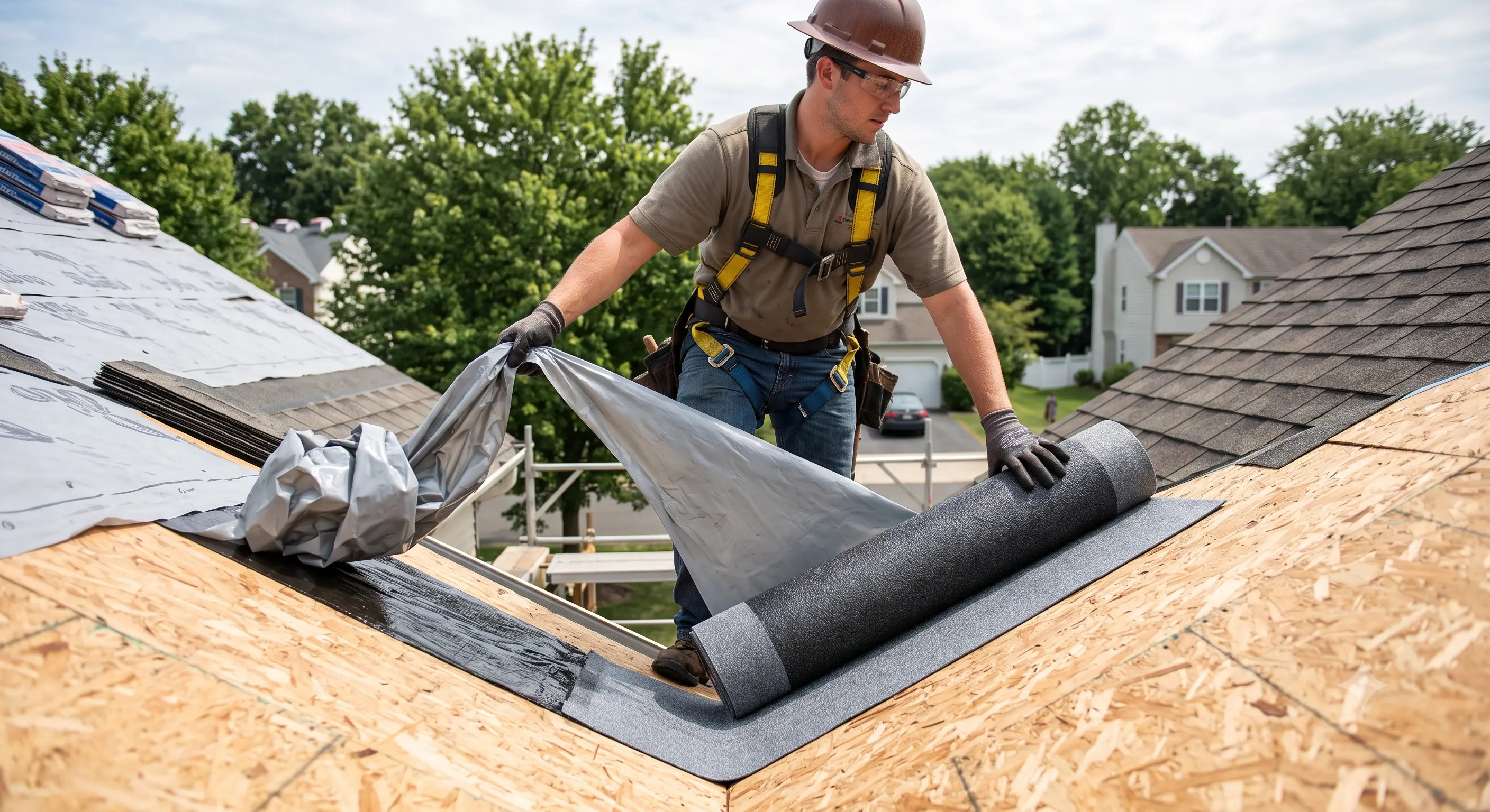 Roofer applying ice and water shield in a roof valley