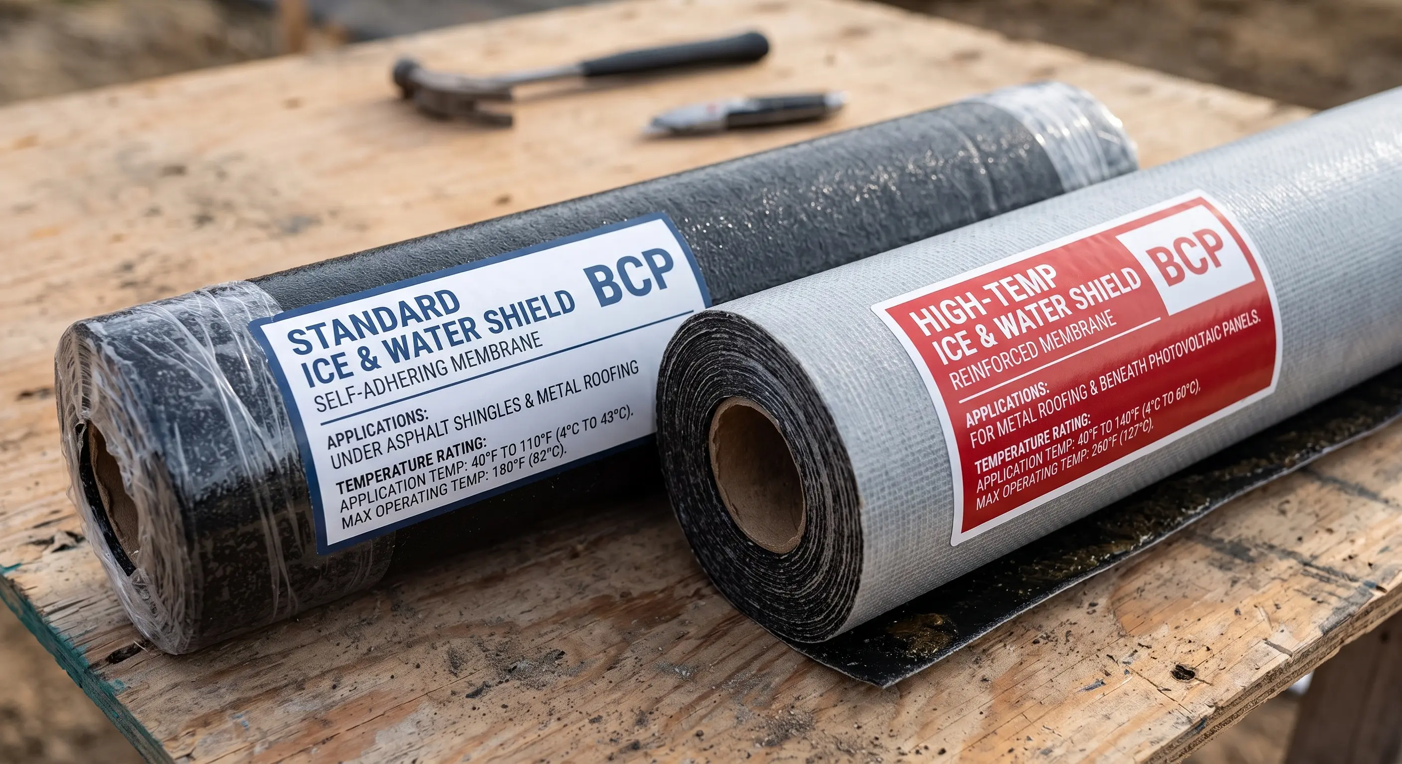 Standard and high-temp ice and water shield rolls with rating labels