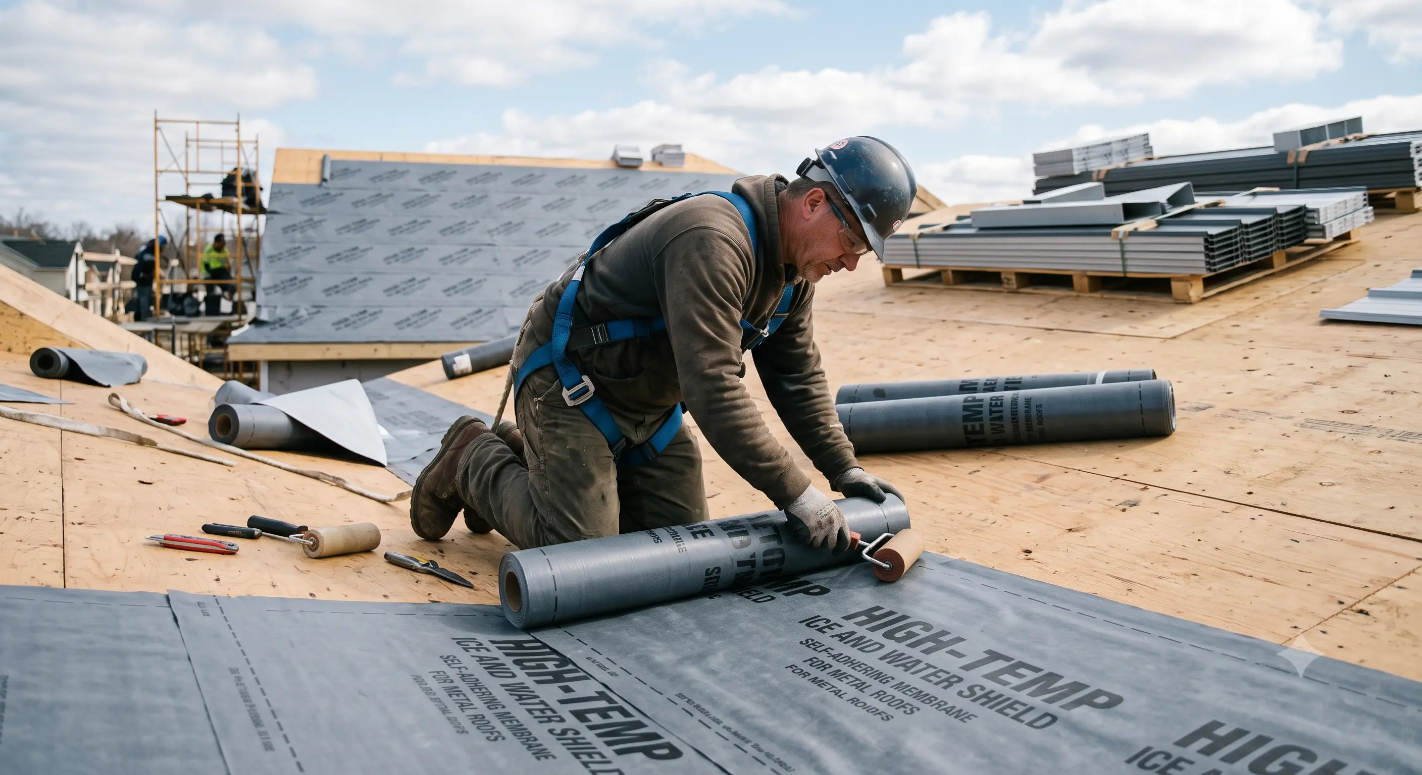 Roofer installing high-temp membrane before metal roofing