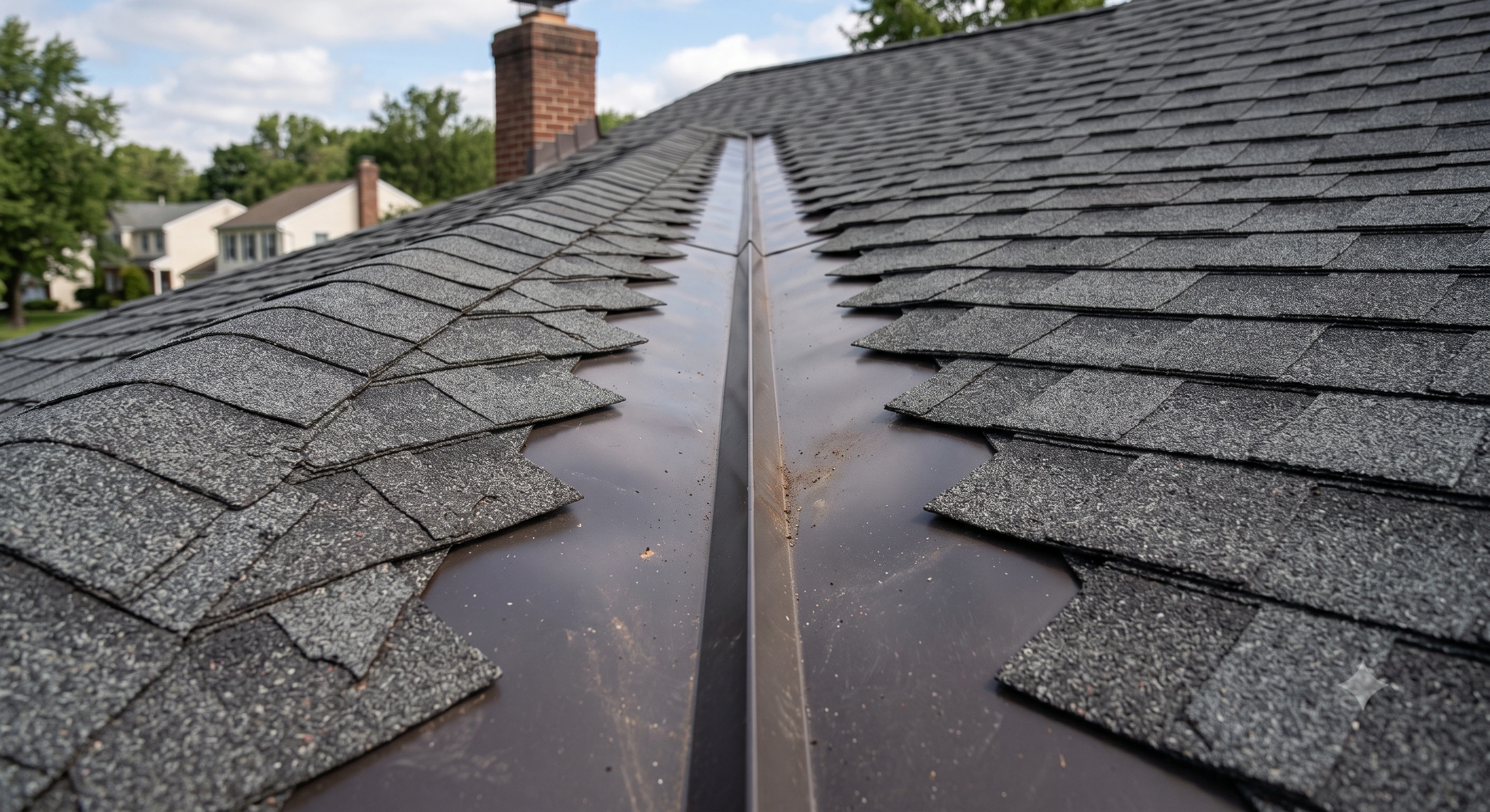 Metal valley flashing between two roof planes Metal valley flashing between two roof planes