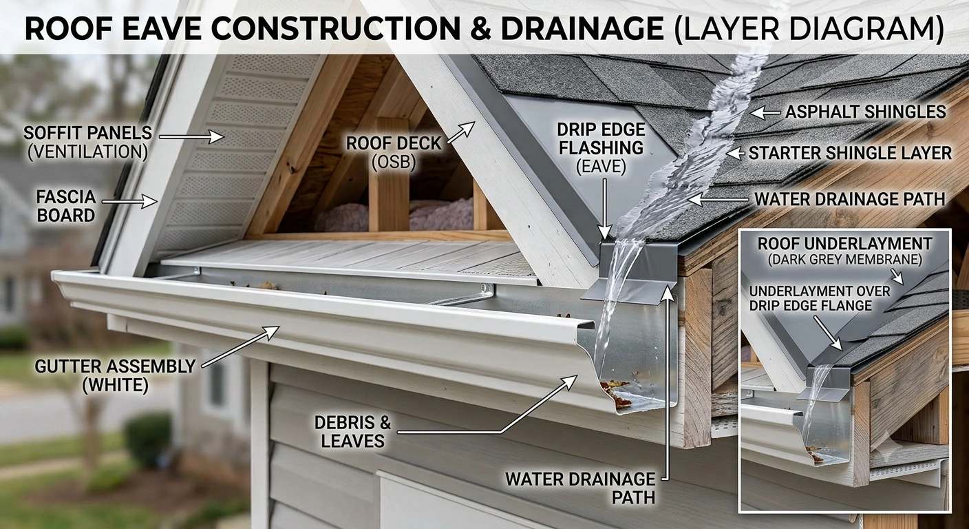 Roof eave layering with drip edge and gutter