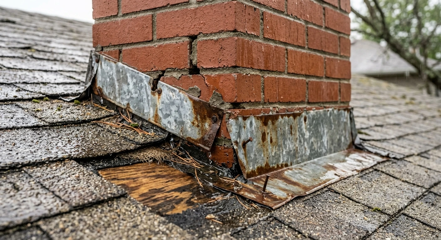 Failed chimney flashing causing a roof leak