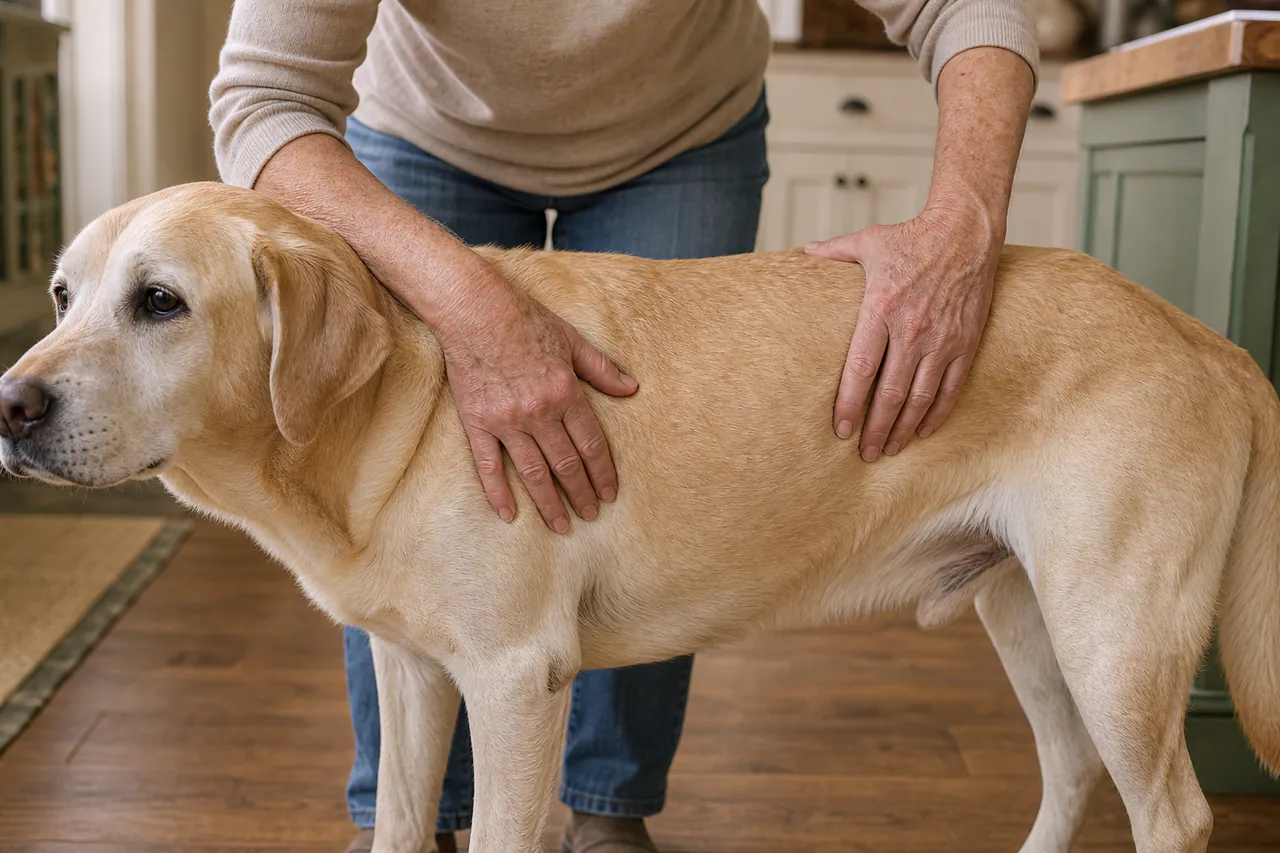 An older owner gently checking a senior dog’s body condition