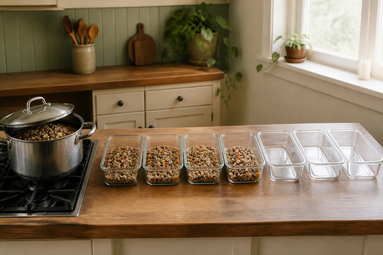 One cooking pot and seven prepared storage containers