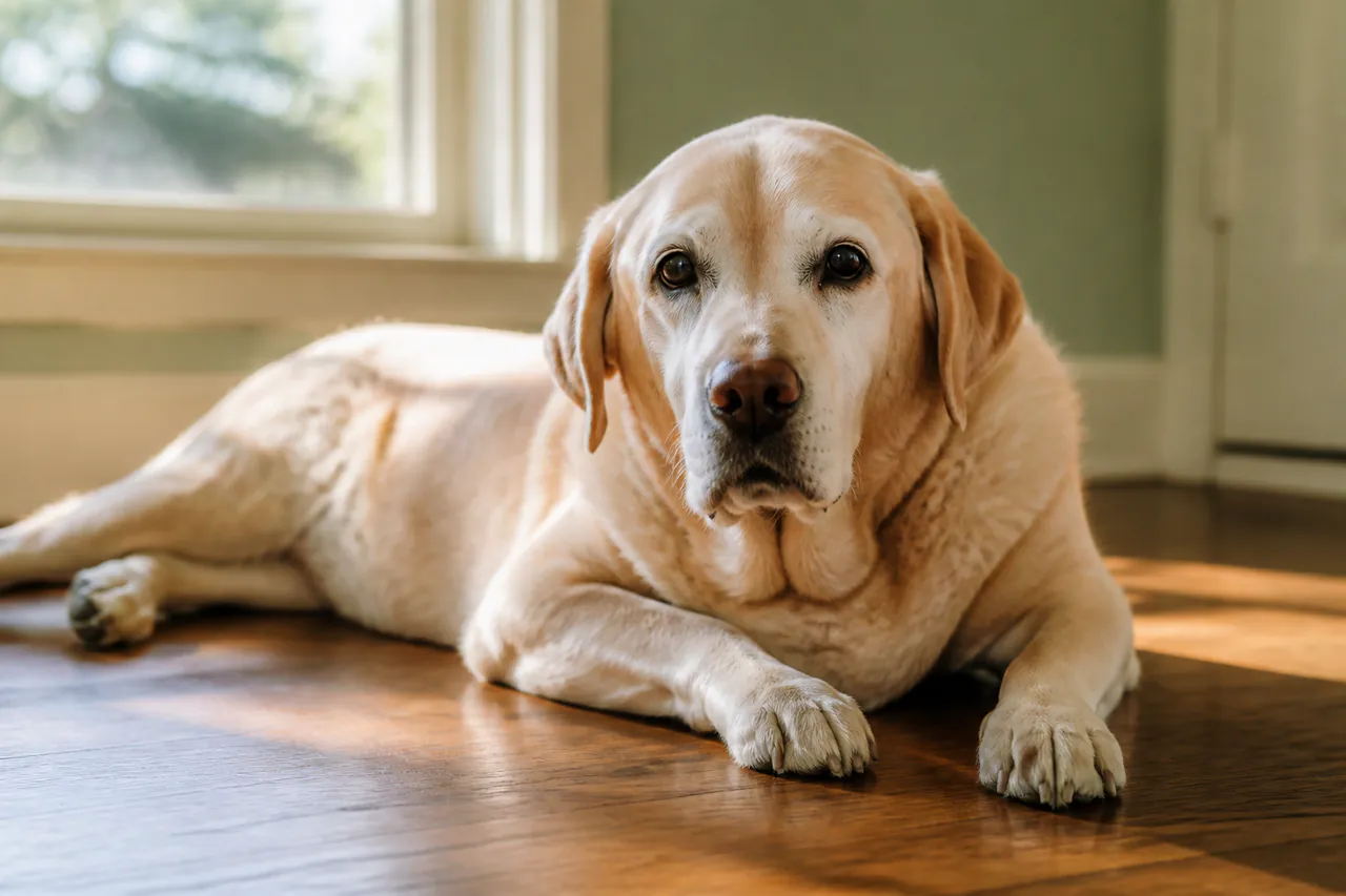 A dignified senior Labrador resting in afternoon light
