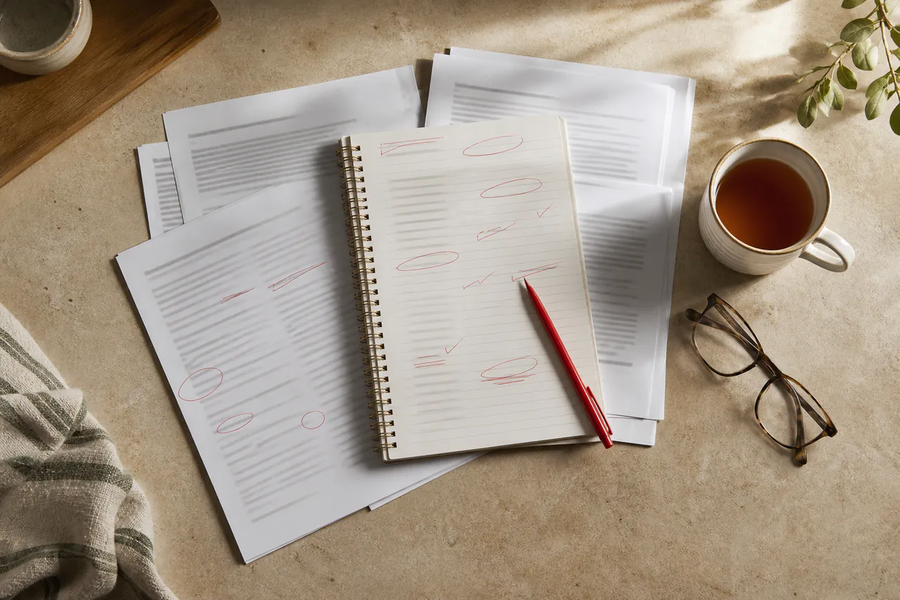 Recipes and notes spread across a warm kitchen counter