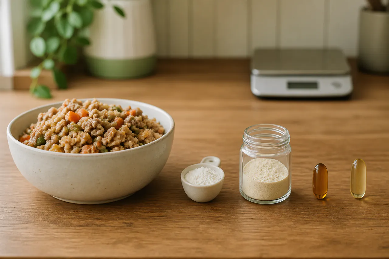 A cooled bowl beside four carefully measured finishing ingredients