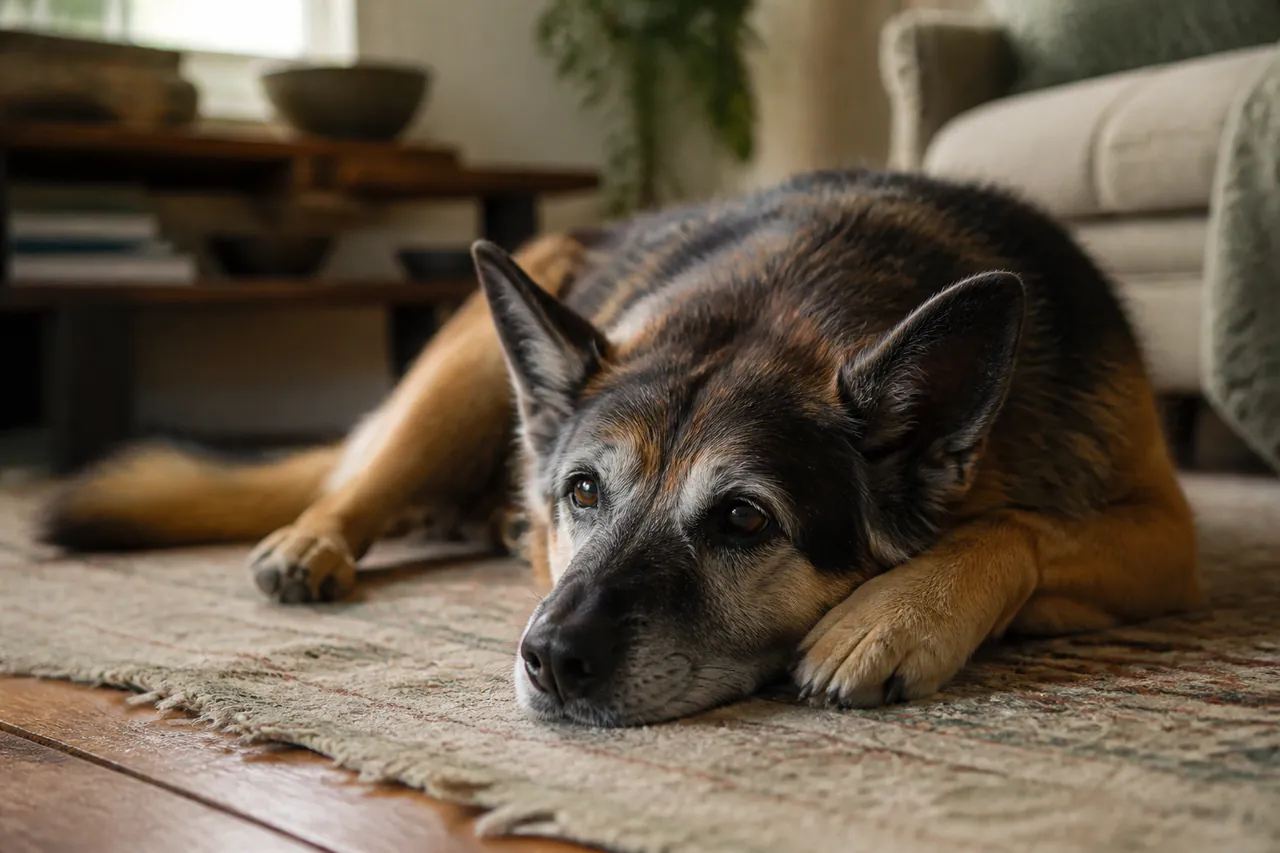 A senior shepherd mix resting on a well-loved rug