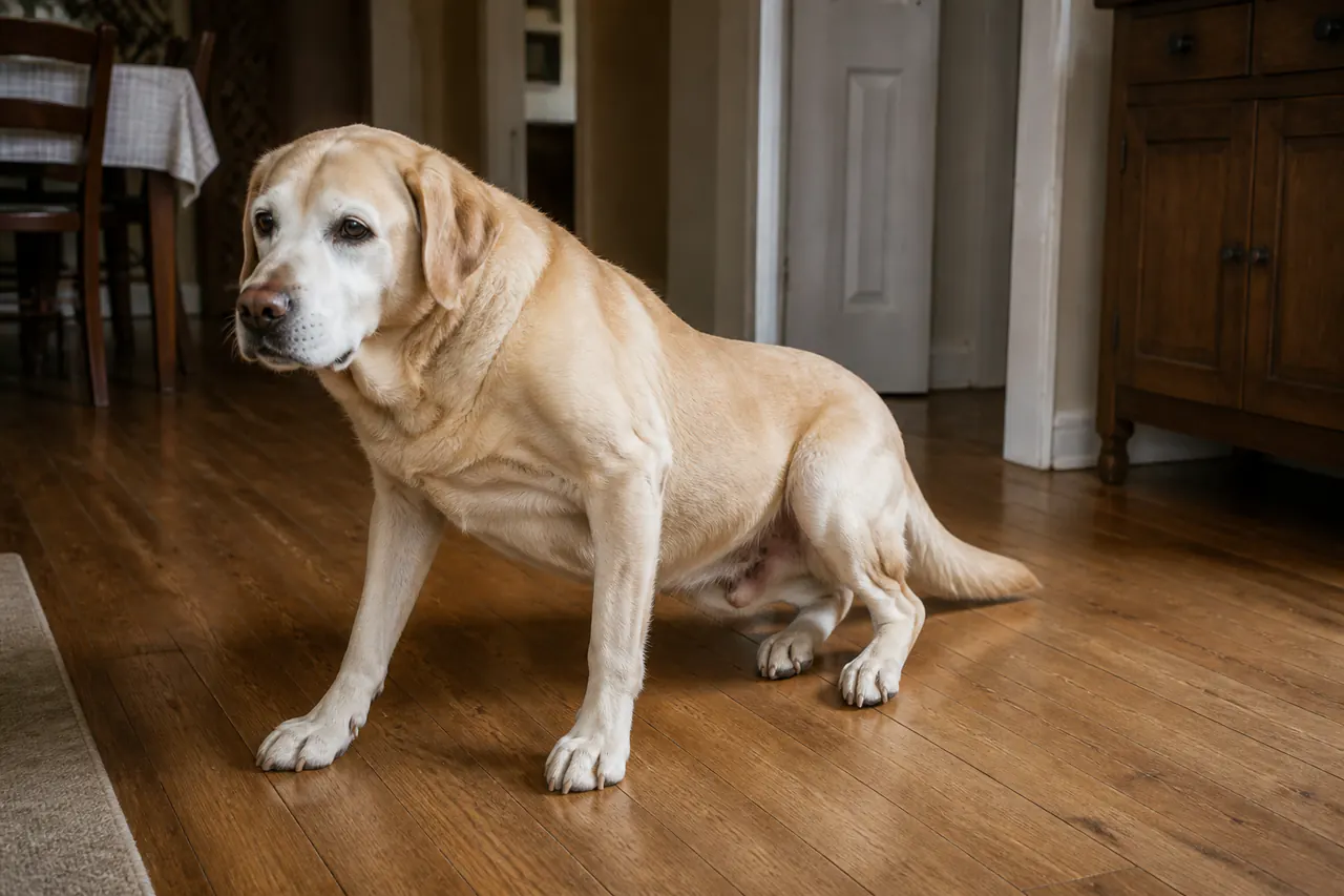 A senior Labrador is midway through standing up from a hardwood floor.