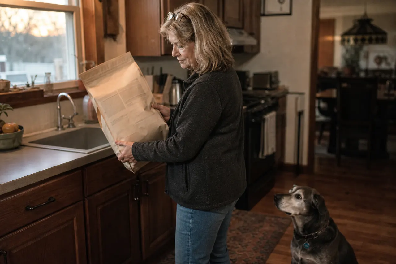 An older woman studies the back of an unbranded dog food bag while her grey-muzzled dog waits nearby.