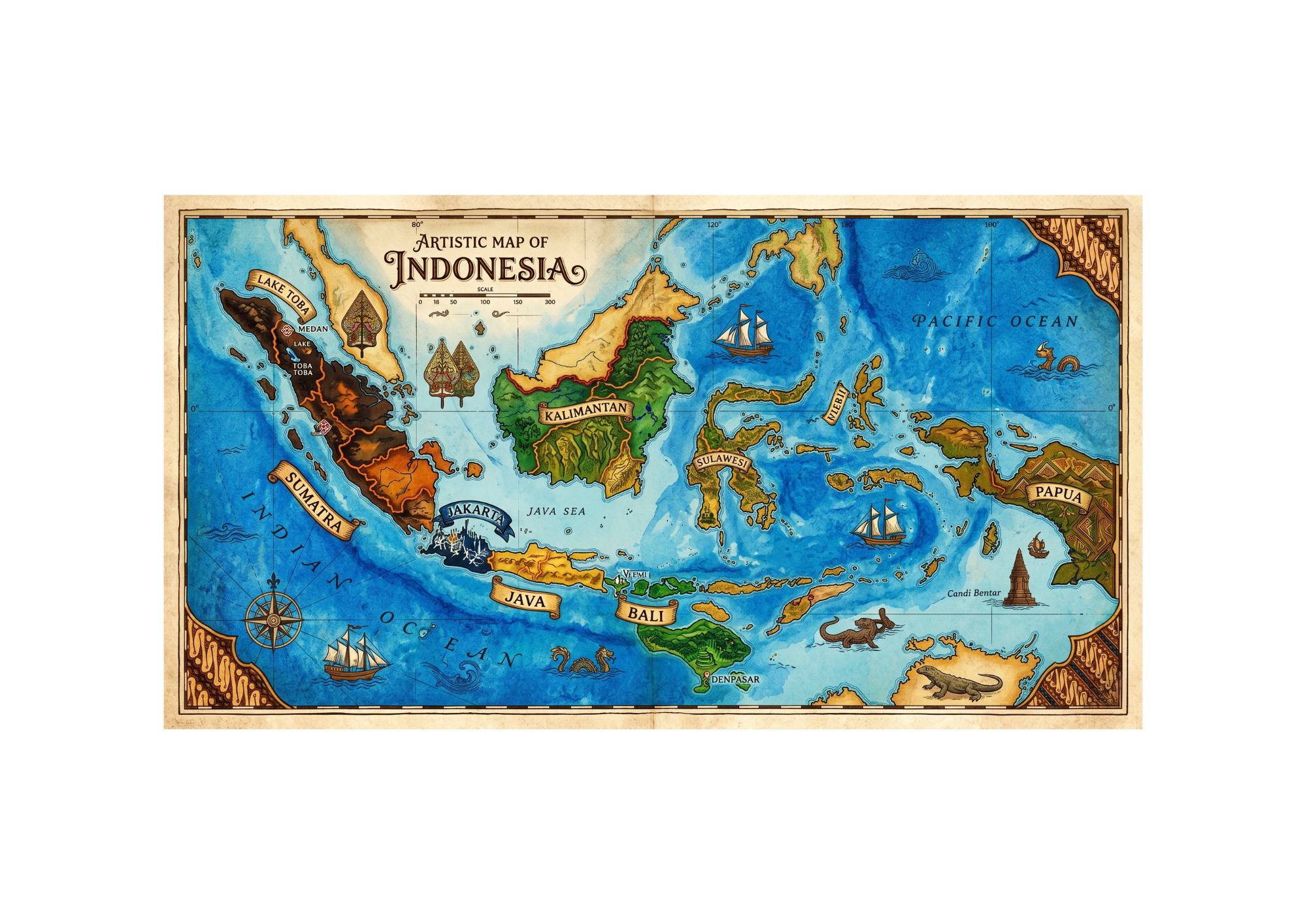 Artistic illustrated map of Indonesia — Sumatra with Lake Toba, Java, Bali, Kalimantan, Sulawesi and Papua