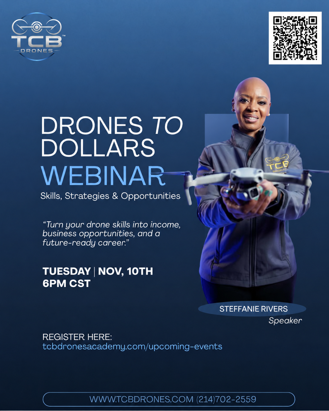 Drones 2 Dollars Webinar flyer with Steffanie Rivers
