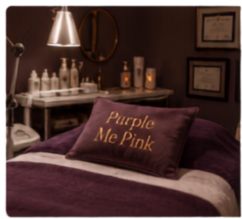 The Purple Me Pink treatment room with an embroidered pillow