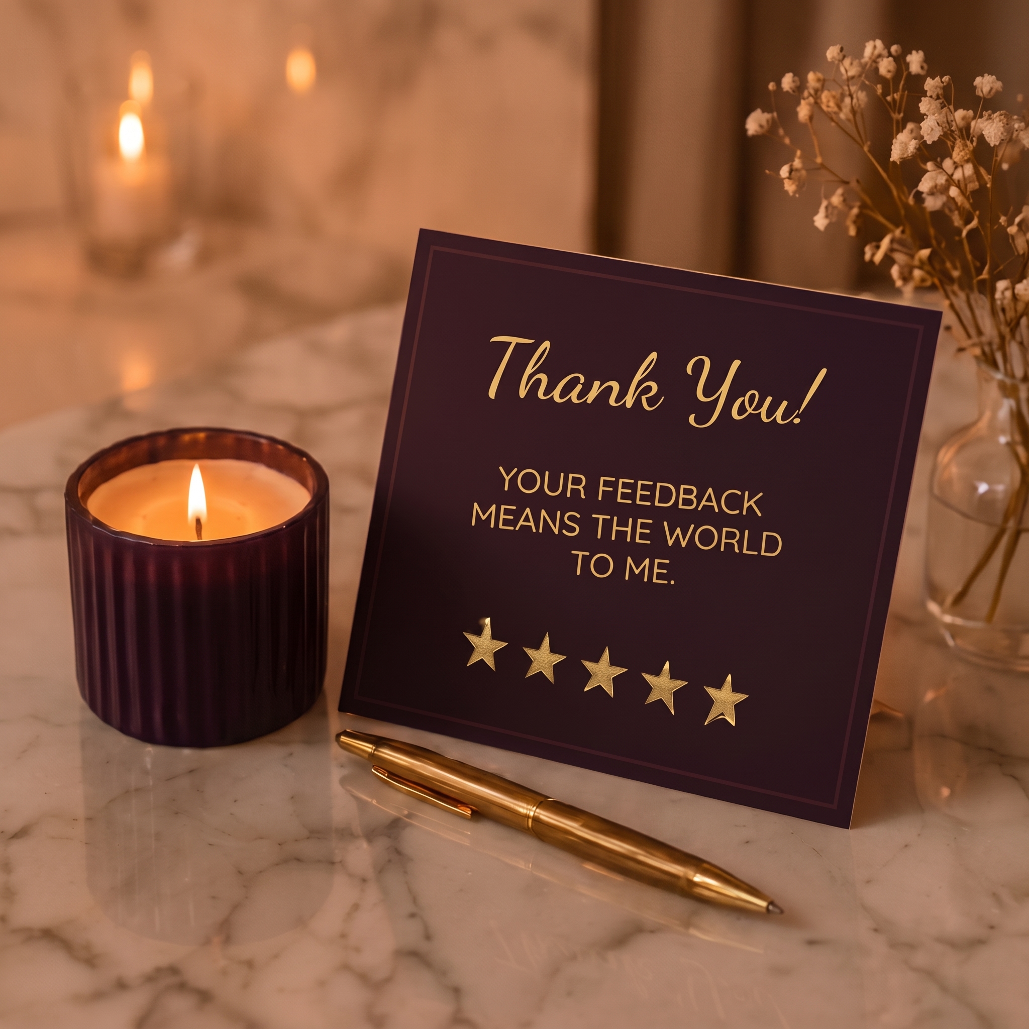 A Purple Me Pink thank-you card showing five gold stars beside a lit candle