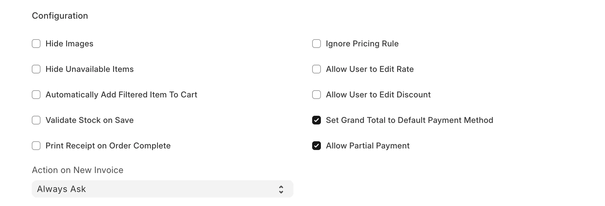 ERPNext POS configuration controls for stock validation, pricing, discounts and default payment allocation