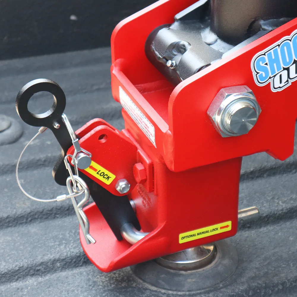 Shocker Quick Air gooseneck Shift Lock coupler attached and latched onto a 2-5/16 inch gooseneck ball