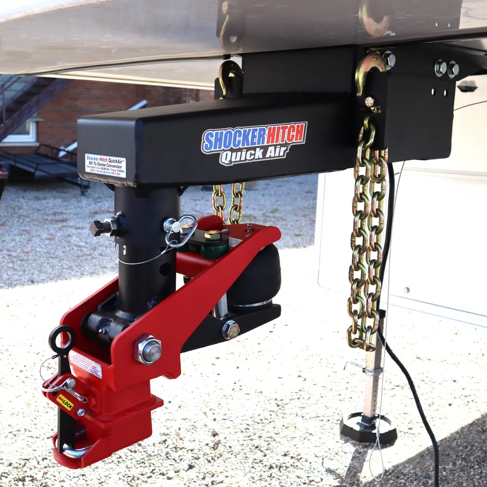 Side view of the Shocker Quick Air 5th wheel to gooseneck kit for a Lippert Turning Point pin box
