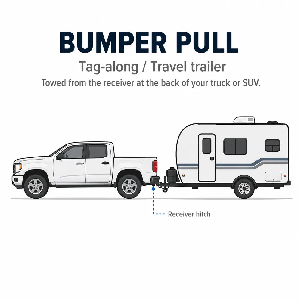 Bumper-pull travel trailer towed behind a pickup with a Shocker air receiver hitch — the most common towing setup