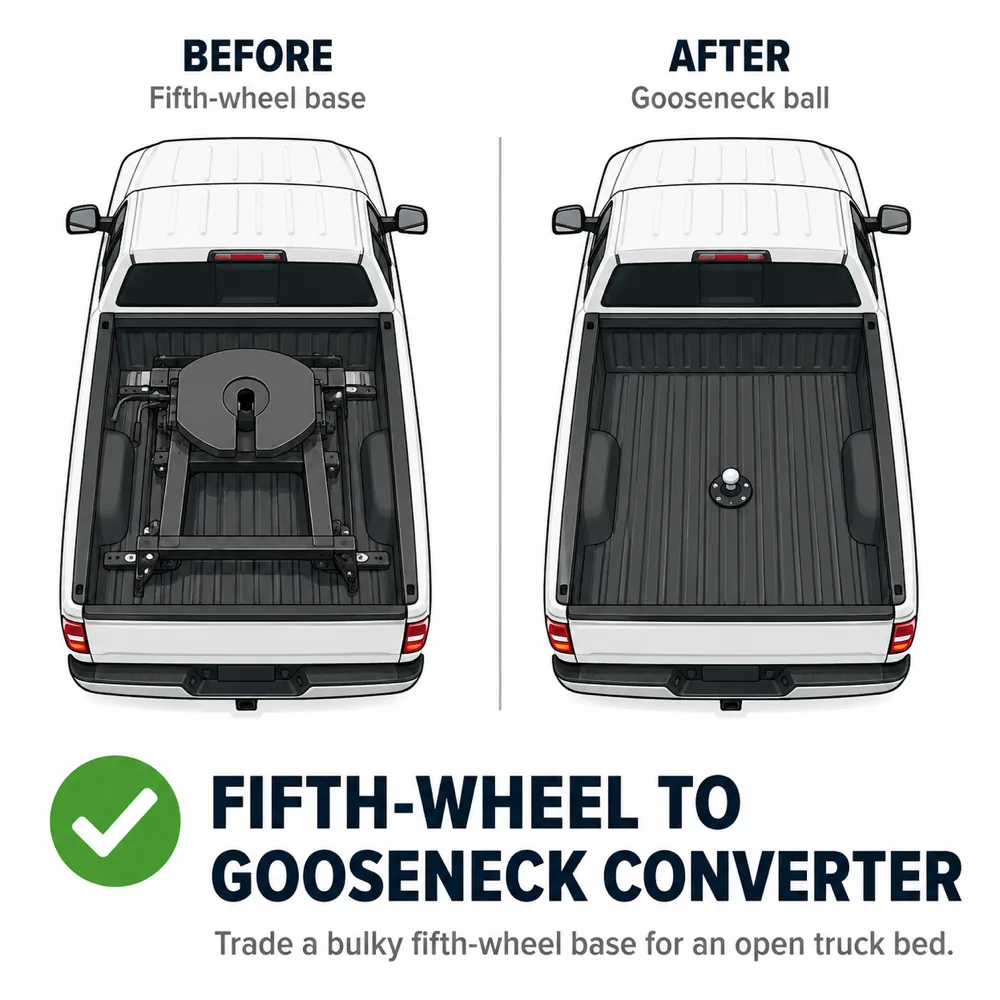 Truck-bed comparison — left: 5th wheel base with kingpin plate; right: open bed with a gooseneck ball. Visual difference between a 5th wheel hitch and a gooseneck.