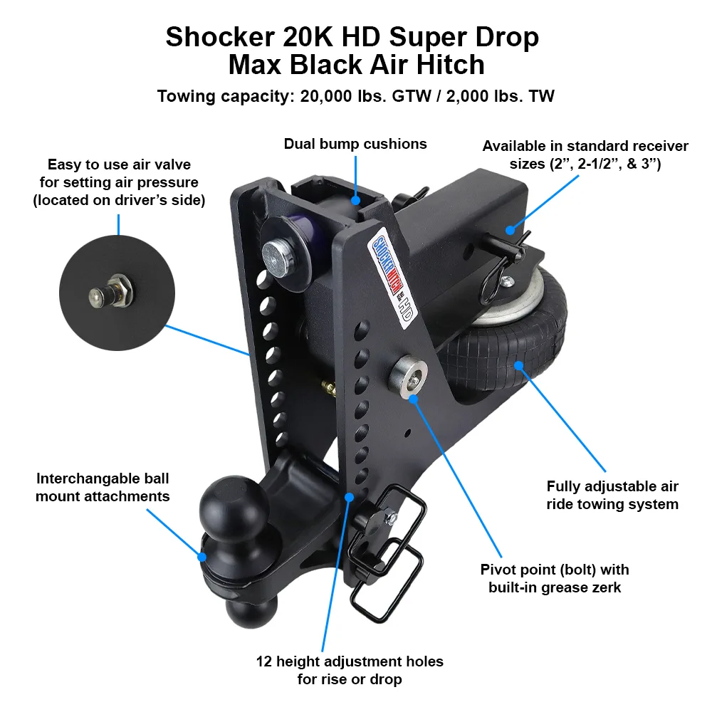 Shocker HD Max Black Super Drop Air Hitch & Clevis Mount