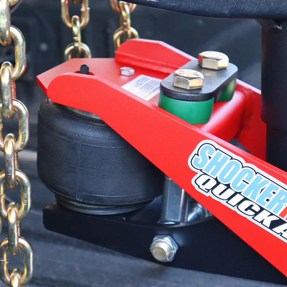 Close-up of the built-in air ride dual bump cushions on the Shocker Quick Air 5th wheel to gooseneck hitch