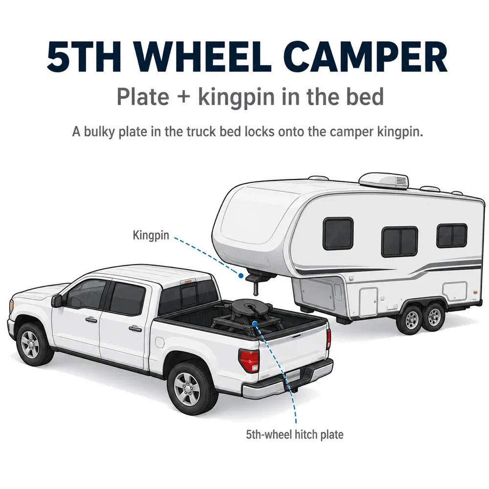 5th wheel camper trailer with kingpin locked into a hitch plate in a pickup truck bed — Shocker Quick Air pin box conversion compatible