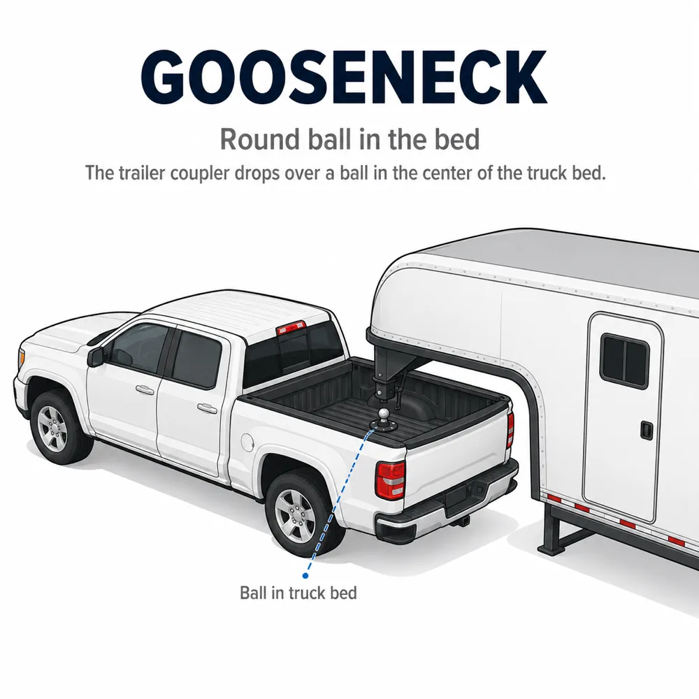 Gooseneck trailer connecting to a 2-5/16" ball in the center of a pickup truck bed — Shocker Gooseneck Surge Air hitch