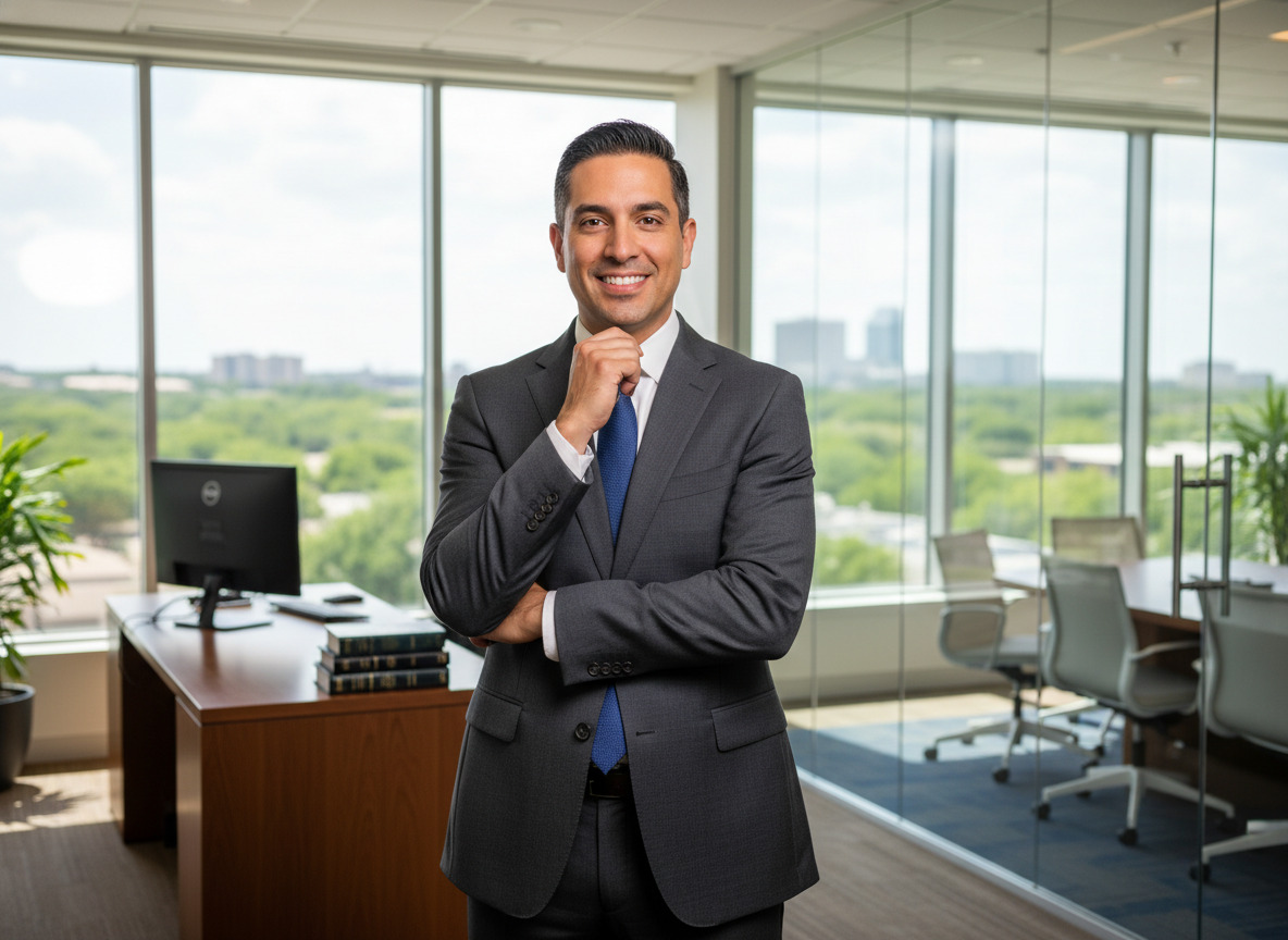 Hispanic attorney facilitating a professional mediation at a glass table in a sunlit Montgomery County office.