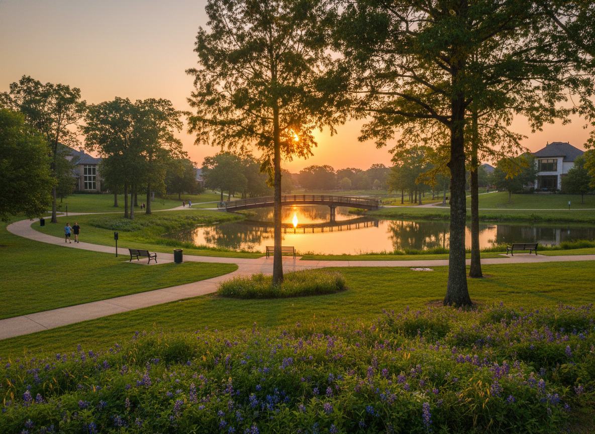 Panoramic view of a modern Montgomery County TX commercial district with lush landscaping and architecture.