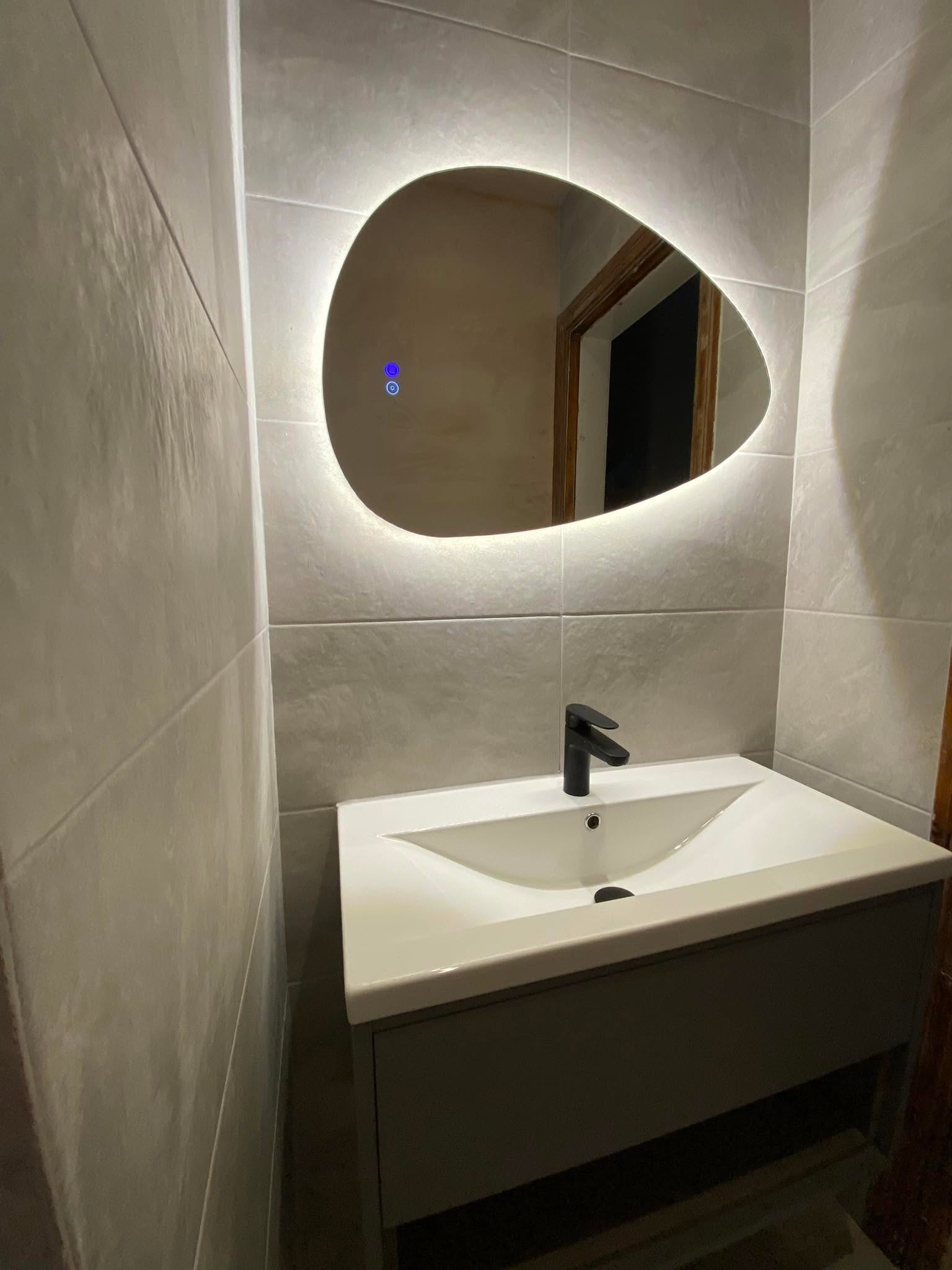 Bathroom vanity and mirror install in dundee plus grey tiling 