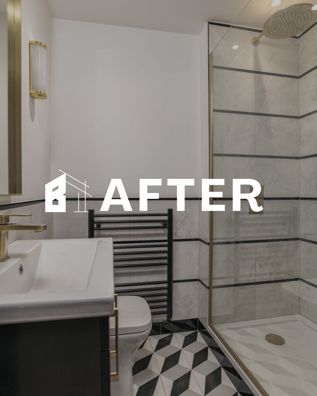 After photo from the dundee bathroom renovation pattern tiled floors, shower installation, gold urnishing, black towel radiator