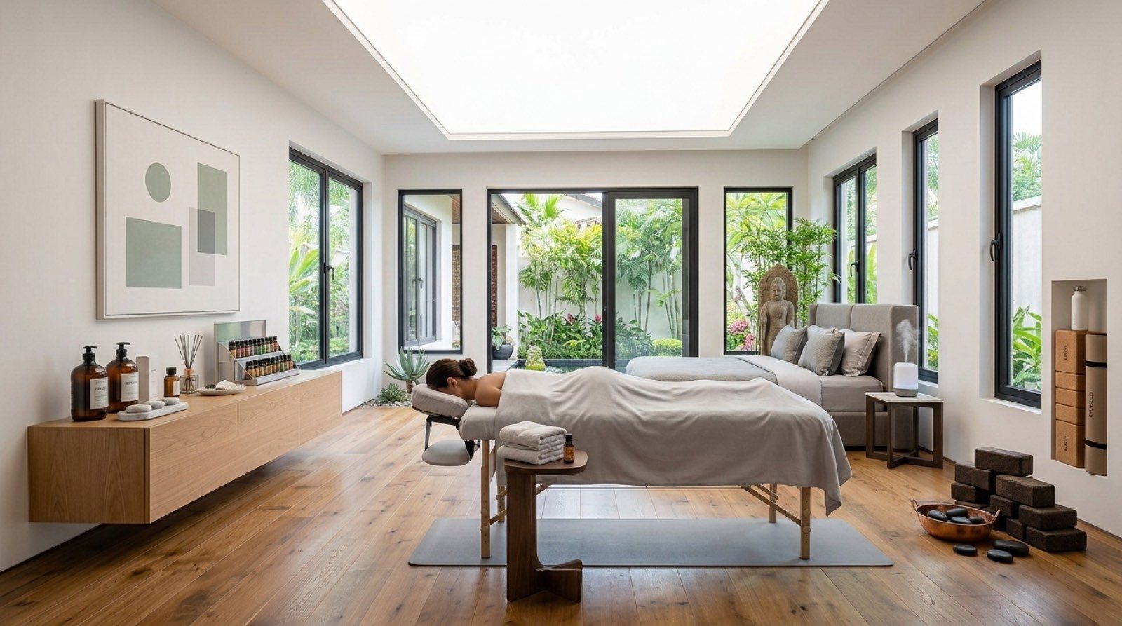 A client receiving massage on a Sereno table at home