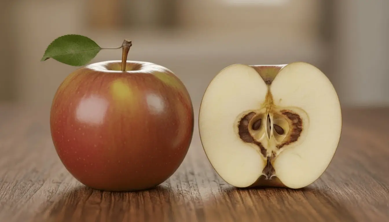 A shiny perfect apple beside a cut apple half revealing imperfect browning flesh - appearances don't always reflect what's truly happening inside us