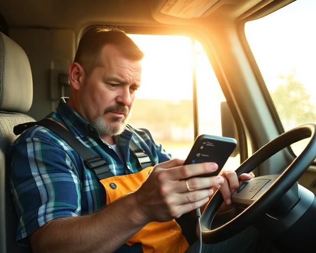 Roofer looking at missed calls on phone