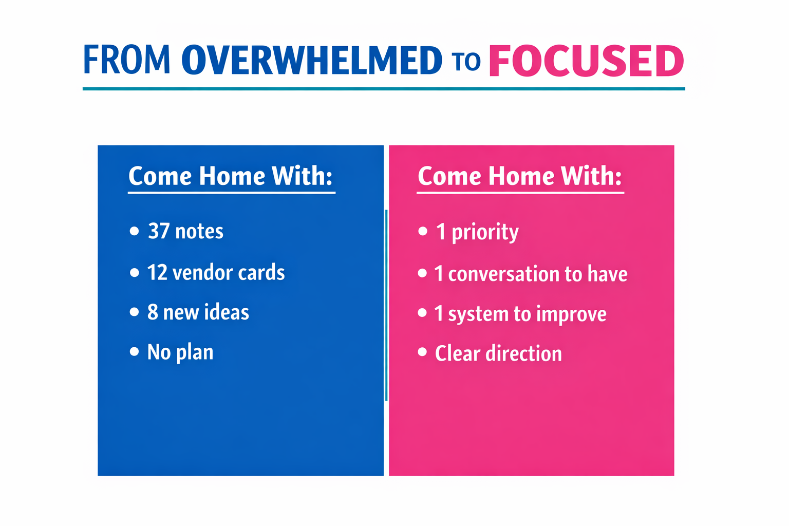 Comparison graphic showing the difference between overwhelmed and focused conference takeaways for childcare directors
