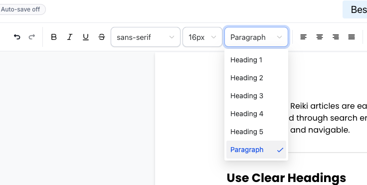Dropdown in GHL editor showing Paragraph → H1/H2/H3 options