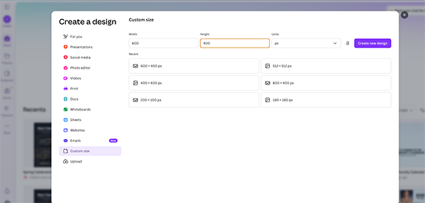 Create new file in Canva with custom size