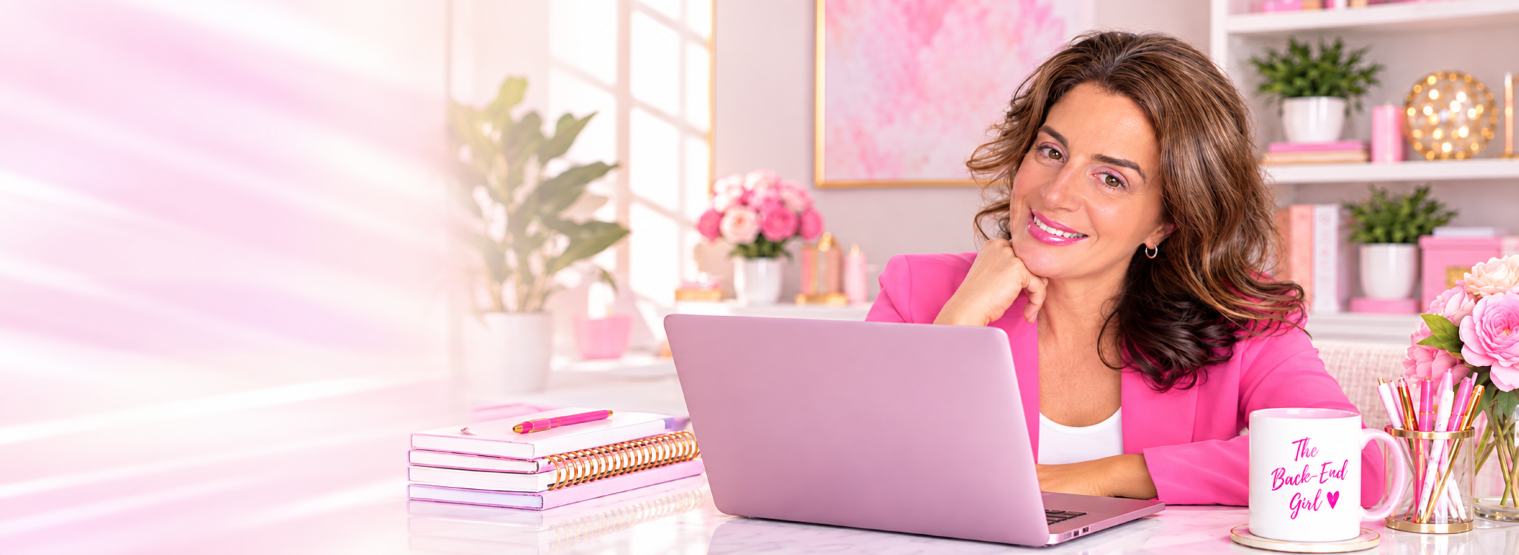 Corinne Blagg smiling at her desk with a laptop and a Back-End Girl mug