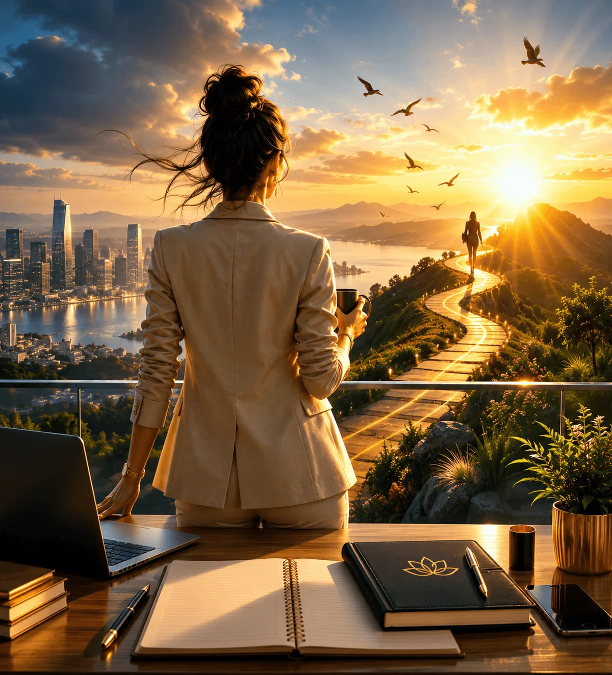 A coach standing at a desk above a city at sunrise, looking toward a lit path leading into the hills