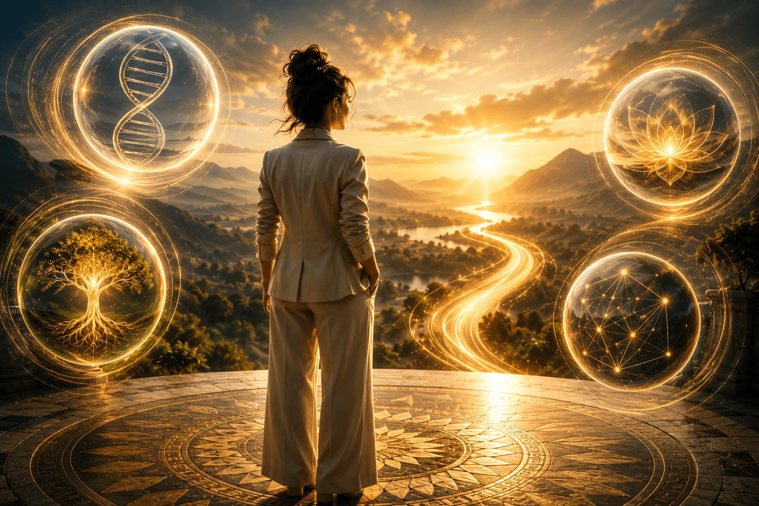 A woman standing on a compass mandala looking out over a golden winding path, ringed by glowing circles holding a strand of DNA, a tree, a lotus and a network
