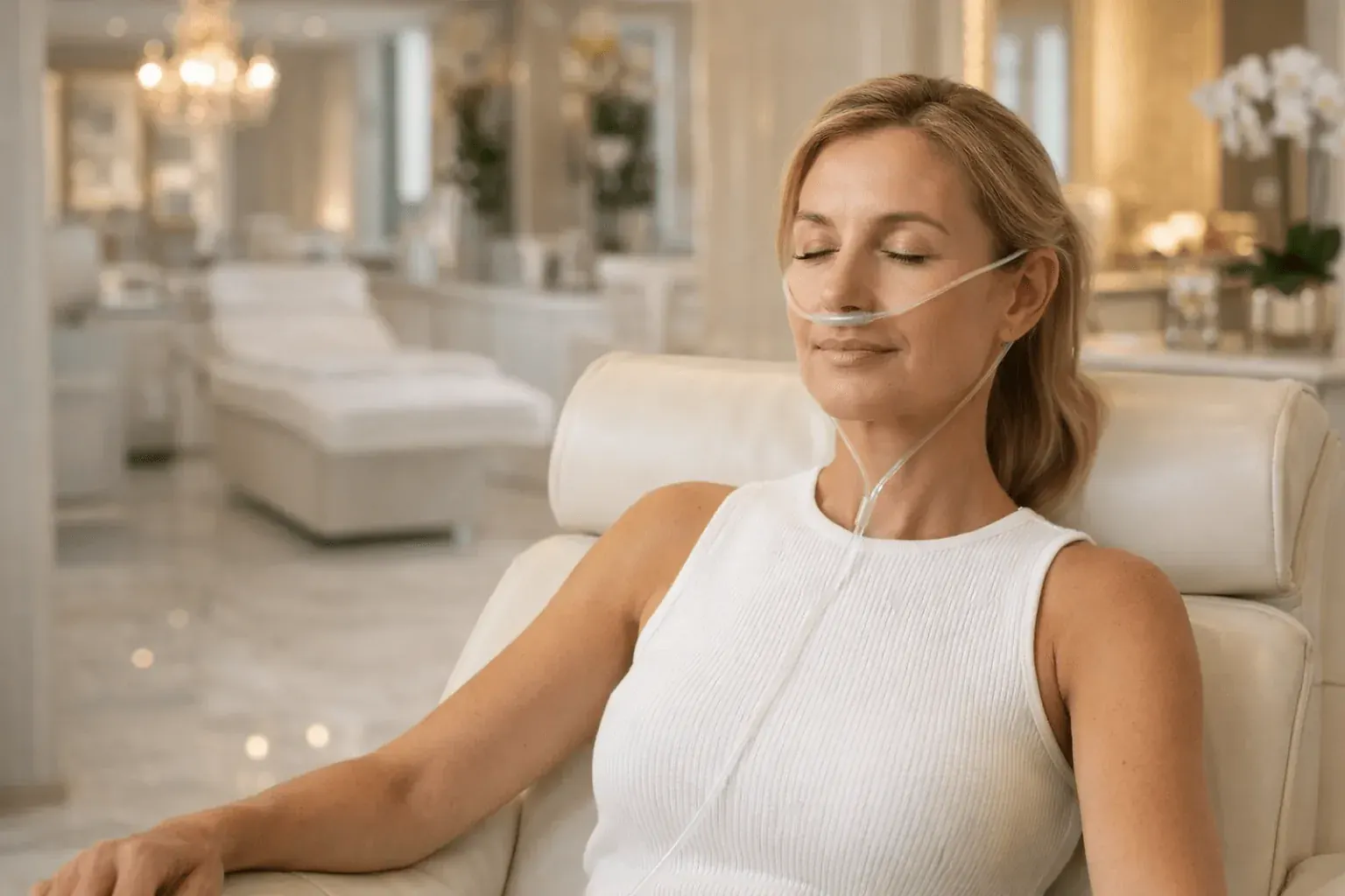 A patient relaxing during hydrogen therapy in the clinic's treatment lounge