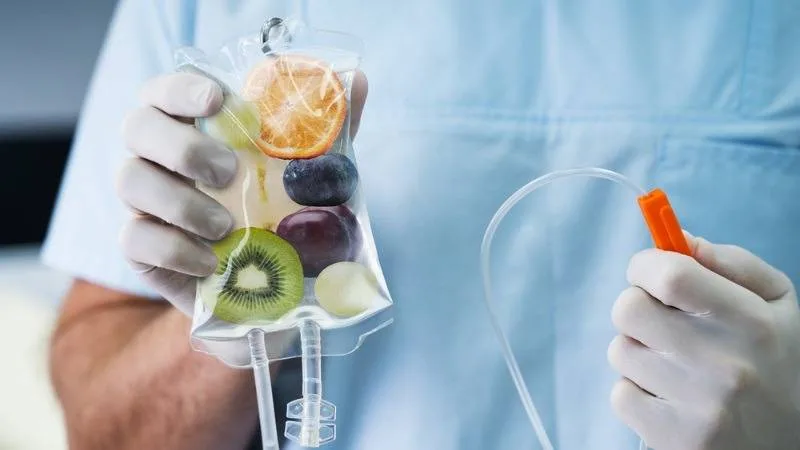 IV bag infused with fruit, representing a vitamin IV cocktail