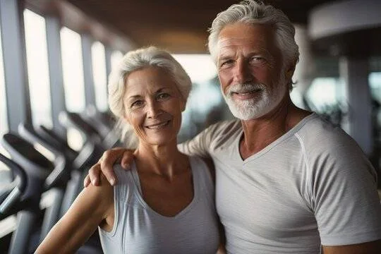 Active older couple smiling in the gym