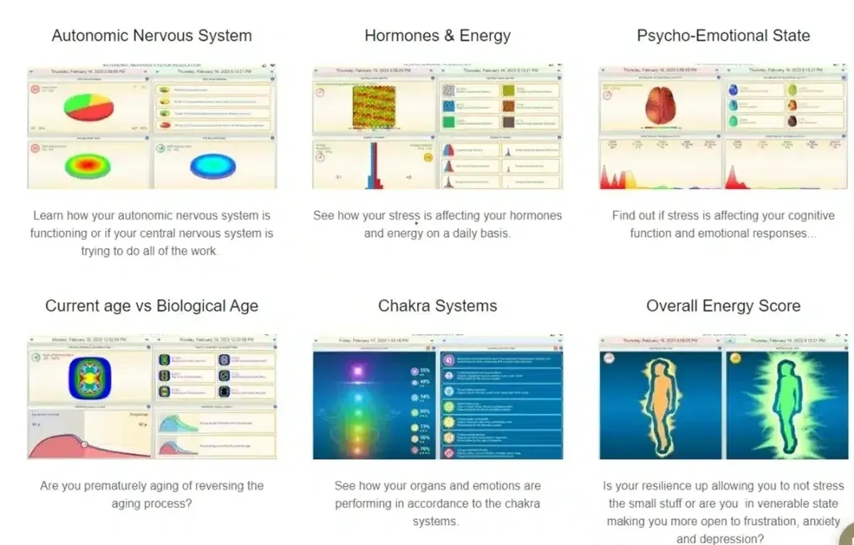 NeuralCheck HRV report screens: autonomic nervous system, hormones and energy, biological age