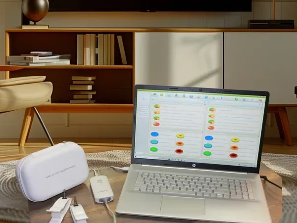 NeuralCheck HRV scan equipment connected to a laptop showing results