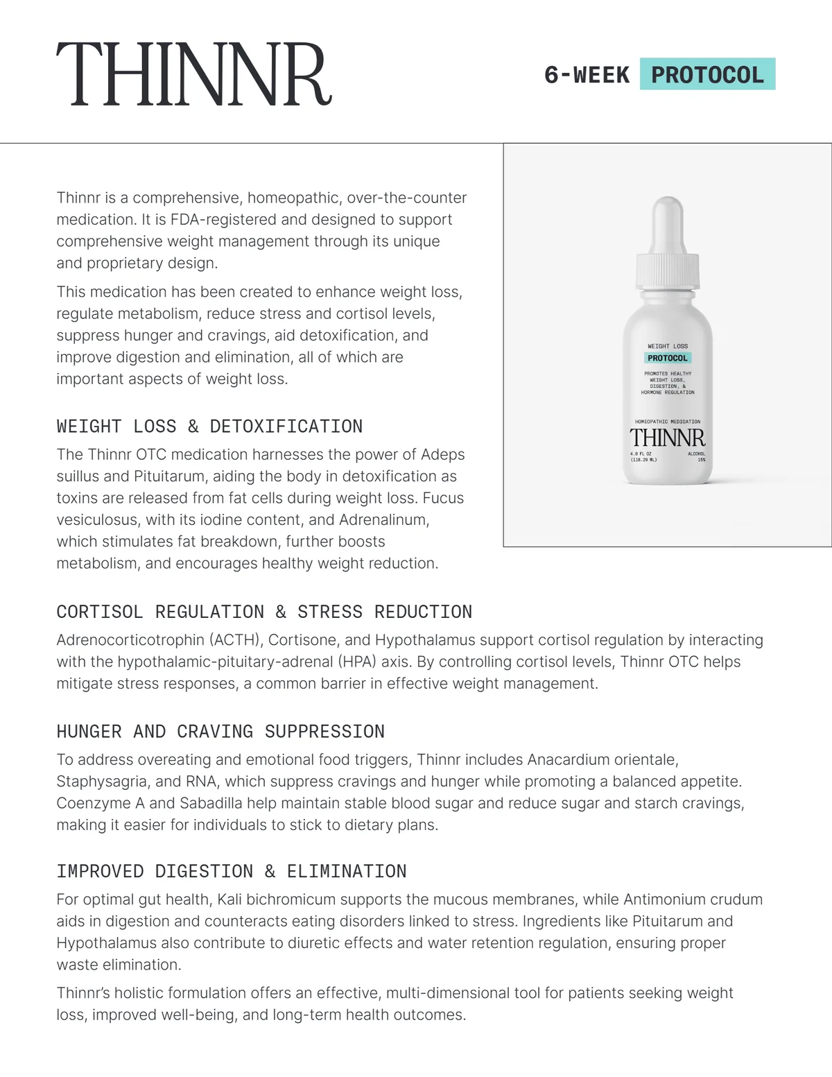 Thinnr 6-week protocol: weight loss and detoxification, cortisol regulation, hunger and craving suppression, digestion