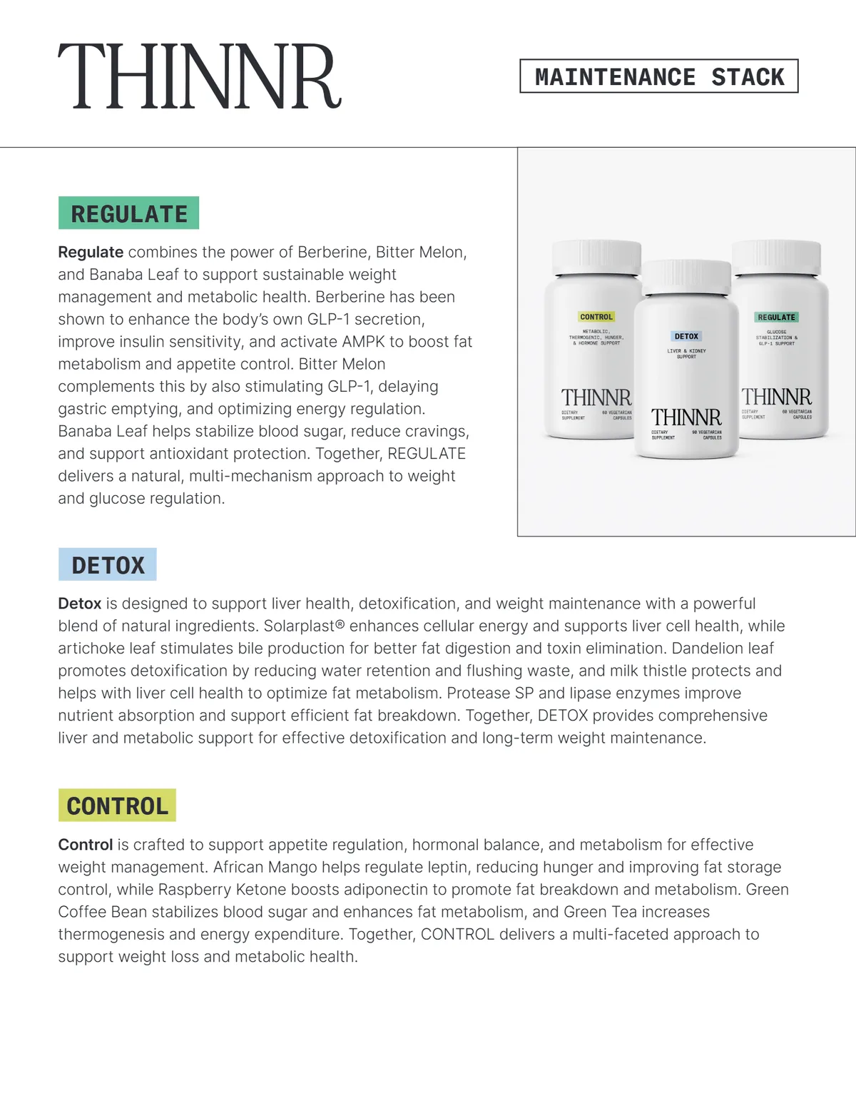 Thinnr maintenance stack: Regulate, Detox and Control