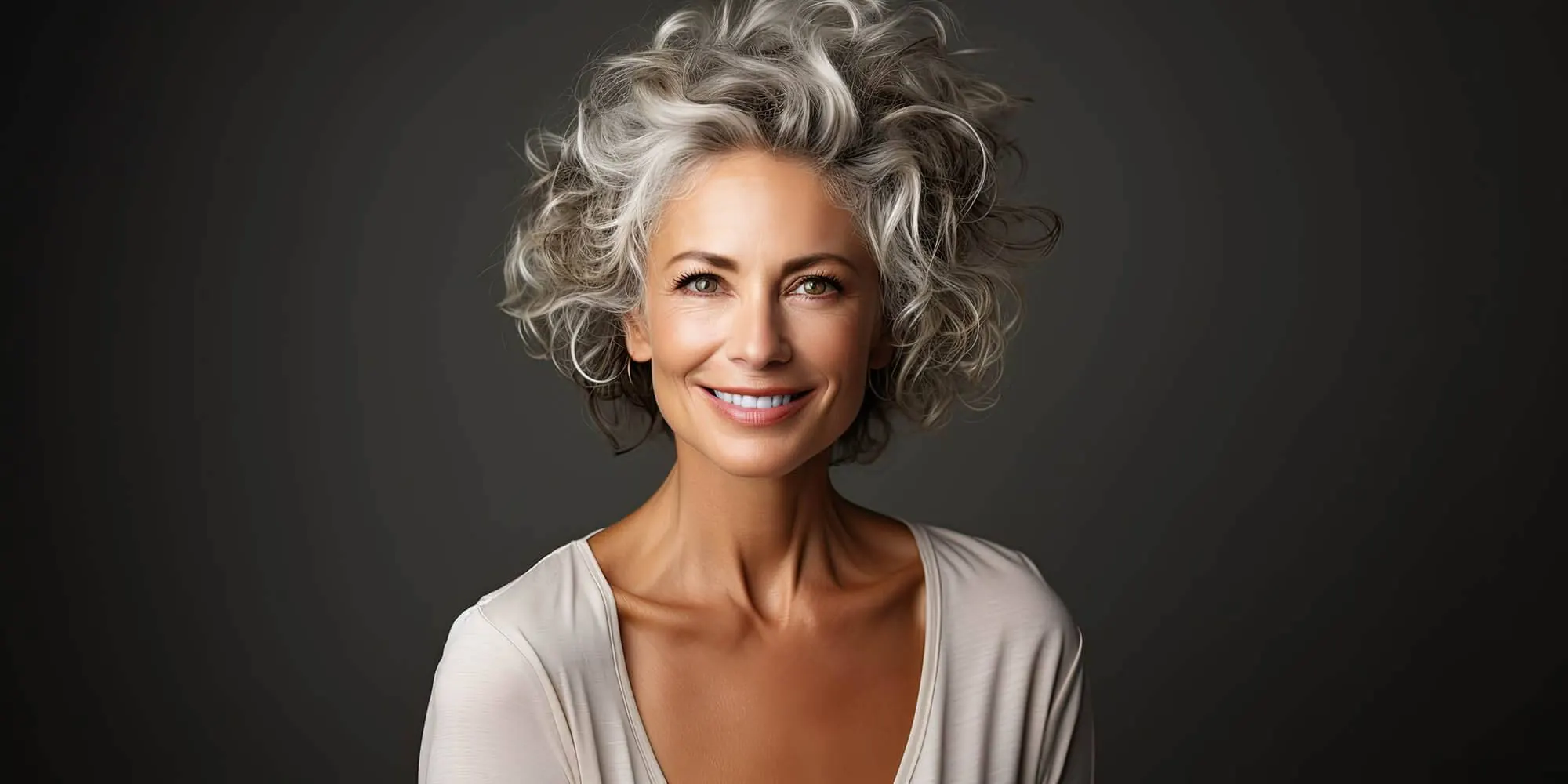 A smiling woman with silver hair, healthy and confident