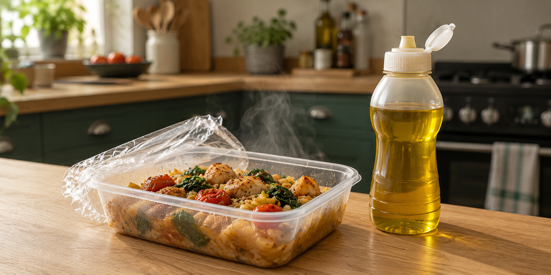 Hot leftovers in a plastic takeaway container beside a squeeze bottle of oil