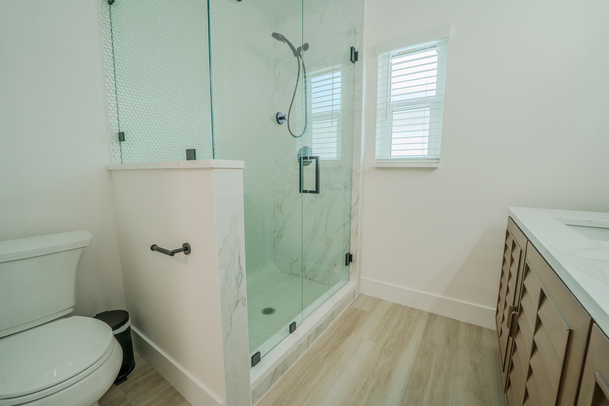 Modern walk-in shower renovation with tile surround and glass enclosure in Largo FL